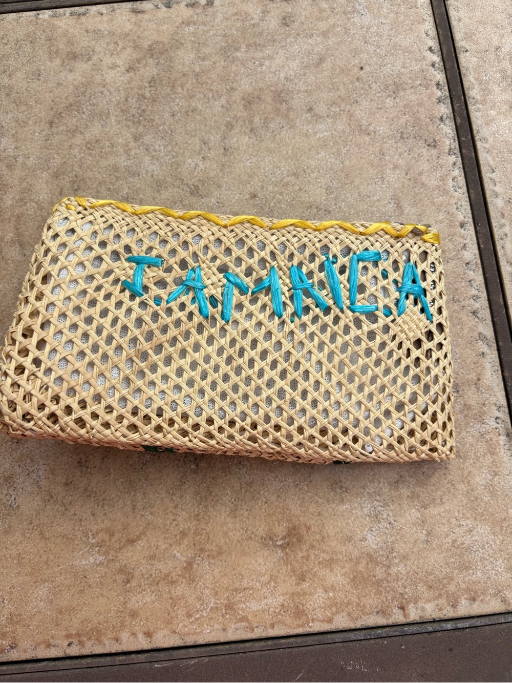 Woven Straw Clutch with Teal 'jamaica’' Embroidery - Natural